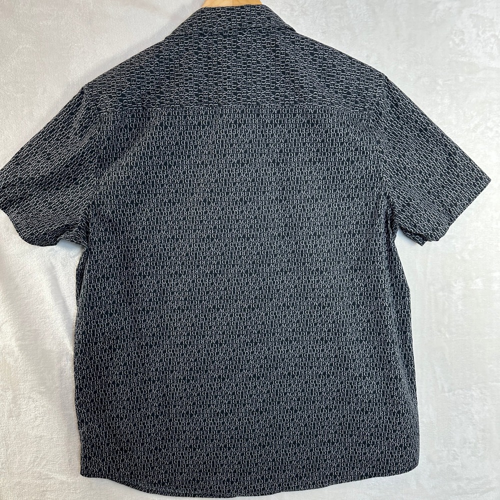 Karl Lagerfeld Paris Button Down Shirt Mens Large Black All over Logo Short Slv - Picture 2 of 5
